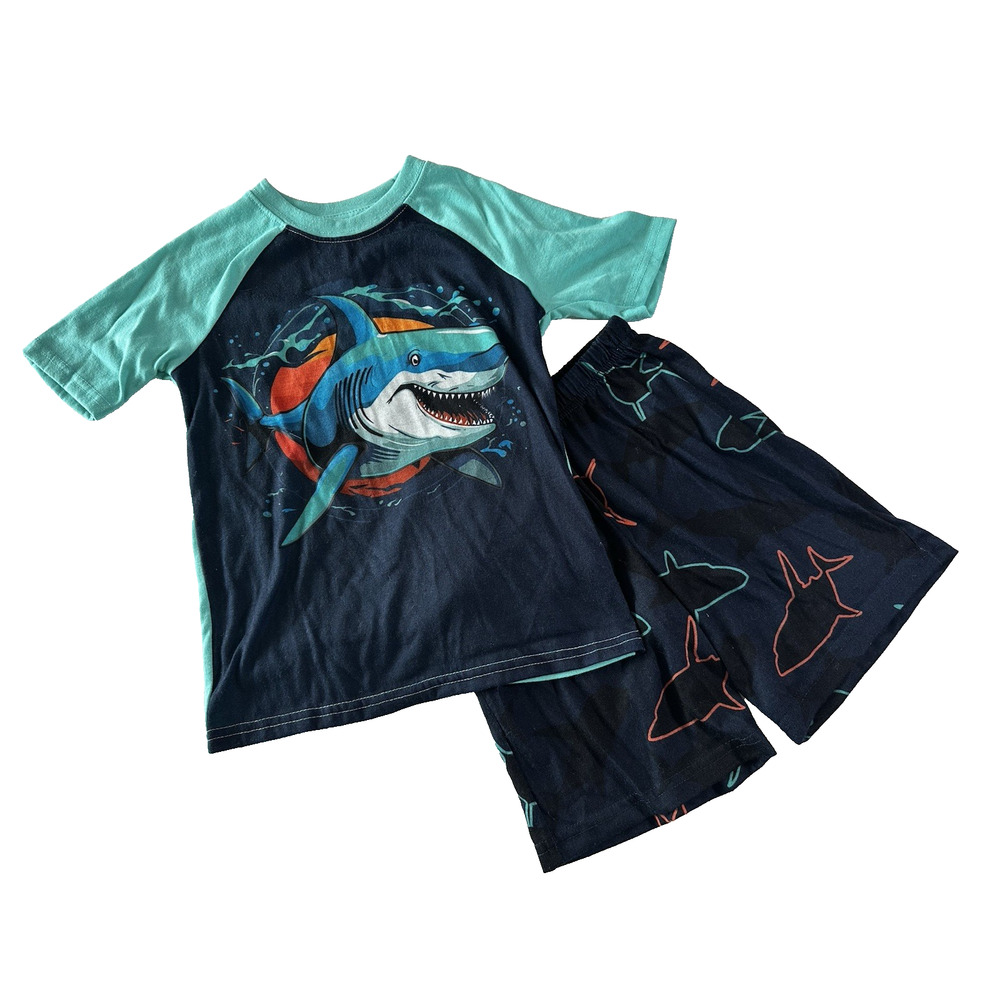 Wonder Nation 2 pc Shark Kid Short Pajama Shorts Set Sz XS(4-5) Blue/Green Fish